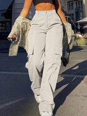 Flap Pocket Solid Color Cargo Pants, Y2K Slant Pocket Button Front Every Day Pants, Women's Clothing