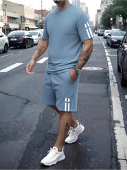 A Stylish Two-Piece Summer Outfit for Men, Featuring a Short-Sleeve Round-Neck T-Shirt And Shorts with Pockets