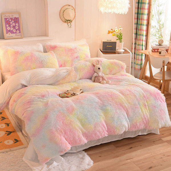 Plush Tie Dye Bedding 3pcs - Faux Fur Tie Dye Duvet Cover, Nordic Colorful Design & Zipper Closure, Plush Warm Bedding Set for Autumn and Winter, Suitable for Bedroom, Valentine's Day Easter Home Gift (Pillowcase Included, Duvet Insert Not Included)