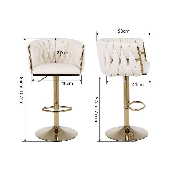 Set of 2 x Velvet Woven Upholstered Adjustable High Swivel Breakfast Bar Pub Home Stool Chair With Gold Metal base & Gas Lift (Cream/Gold)