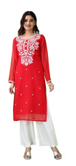 Estationeryhouse Women's Georgette Lucknowi chikankari kurti, Rose Design with Heavy Embroidery, Without Bottom