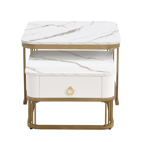 Modern Pedestal Base Space Saving Coffee Table Set of Two, Engineered Wood and Artificial Board Construction, Hardwood, Black Finish, High Gloss Stone Table Top, Metal Golden Accents, with Drawer, Without Electricity, Battery Free.