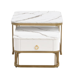 Modern Pedestal Base Space Saving Coffee Table Set of Two, Engineered Wood and Artificial Board Construction, Hardwood, Black Finish, High Gloss Stone Table Top, Metal Golden Accents, with Drawer, Without Electricity, Battery Free.