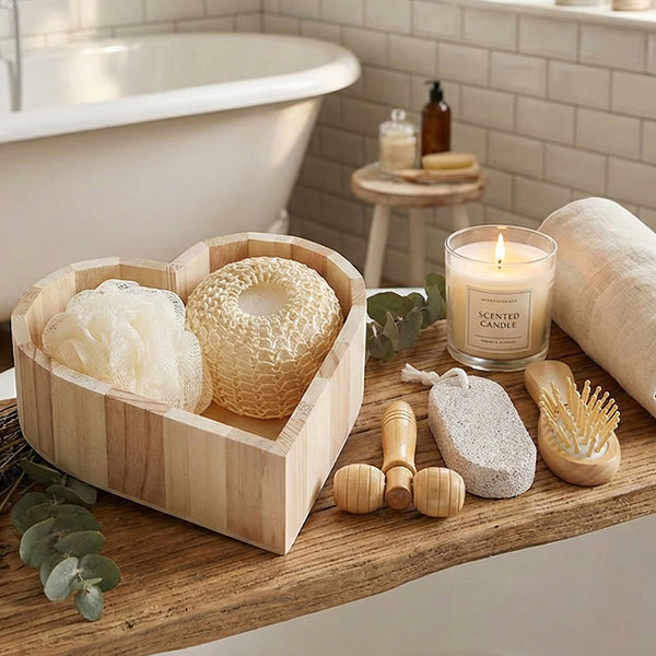 Boxed Heart-Shaped Bath Set - A wooden spa gift kit for bathrooms, featuring a heart-shaped wooden bucket. Includes a loofah, pumice stone, massager, and brush. This natural relaxation and body care kit is ideal for home use and bathroom decoration.