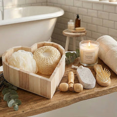 Boxed Heart-Shaped Bath Set - A wooden spa gift kit for bathrooms, featuring a heart-shaped wooden bucket. Includes a loofah, pumice stone, massager, and brush. This natural relaxation and body care kit is ideal for home use and bathroom decoration.