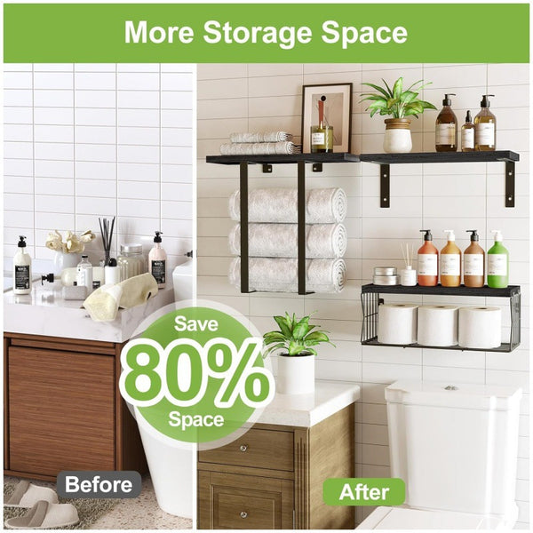 3pcs Wall Mounted Shelf Set - Wood Vertical Storage Organizer Above Toilet, Space Saving Bathroom Shelves for Small Bathrooms, Towel & Decor Storage