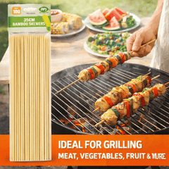100 Pack Bamboo Skewers 30cm – Strong Natural BBQ Sticks for Grilling, Kebabs, Party Food, Fruit & Marshmallows