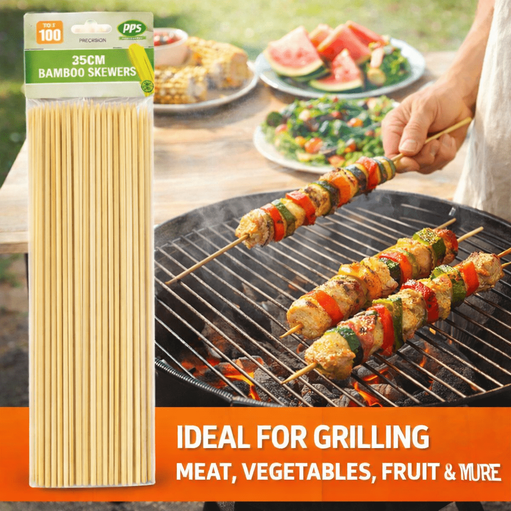 100 Pack Bamboo Skewers 30cm – Strong Natural BBQ Sticks for Grilling, Kebabs, Party Food, Fruit & Marshmallows