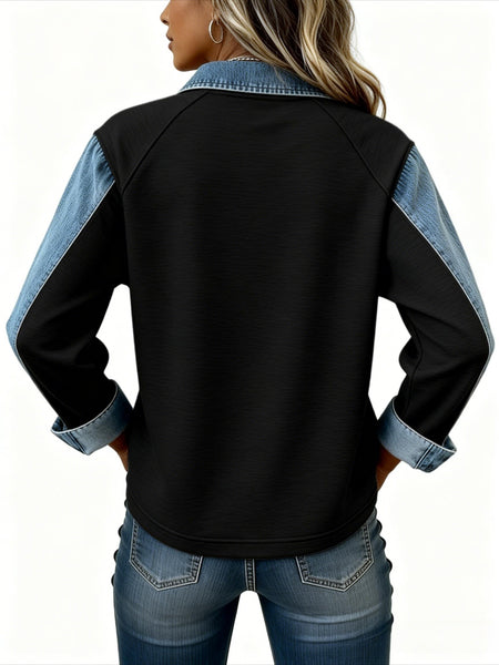Women'S Colour-Block Denim Collar Top Loose-fit Long-sleeved Half-buttoned Drop-shoulder Top Retro-style Label Embellished Casual Knitwear Ideal for Everyday Outings, Light Commuting, Relaxed Dates, and Vintage-inspired Leisure Looks