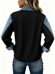 Women'S Colour-Block Denim Collar Top Loose-fit Long-sleeved Half-buttoned Drop-shoulder Top Retro-style Label Embellished Casual Knitwear Ideal for Everyday Outings, Light Commuting, Relaxed Dates, and Vintage-inspired Leisure Looks