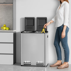 Kitchen Bin, (2 X 30L) 60L Recycling Bins, Pedal Bin with Lid, Stainless Steel Kitchen Bins Recycling And Waste, Silent Slow-Down Closing Lid, with 15 Exclusive Trash Bags, Silvery