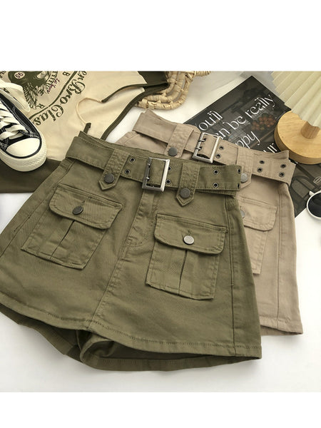 Women's High Waist Cargo Skort with Belt & Built-In Shorts - -Line Mini Skirt, Belted Waistband, Machine Washable Short Length Suitable for,, Casual Attire - Casual Streetwear Outfits