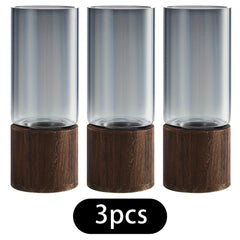 3pcs Glass Vase for Flowers - 25cm Tall Cylindrical Vase with Wooden Base Clear Large Flower Vases Boho Rustic Style Vases Modern Minimalist Ornaments for Pampas Grass Dried Flowers Wedding Home Decor