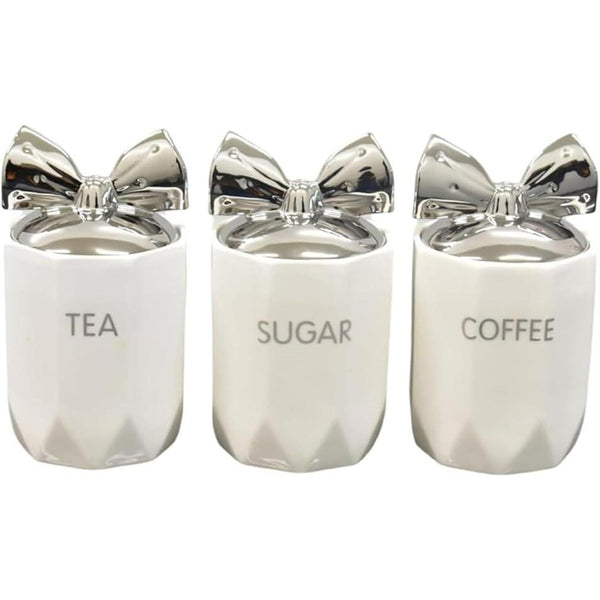 White Silver 3-Piece Marble Effect Ceramic Tea, Coffee & Sugar Canisters – 15x11cm Kitchen Storage Jars with Silver Bow Lid, Crystal Style Containers for Home Décor, Dining Table & Gift Set