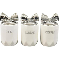 White Silver 3-Piece Marble Effect Ceramic Tea, Coffee & Sugar Canisters – 15x11cm Kitchen Storage Jars with Silver Bow Lid, Crystal Style Containers for Home Décor, Dining Table & Gift Set
