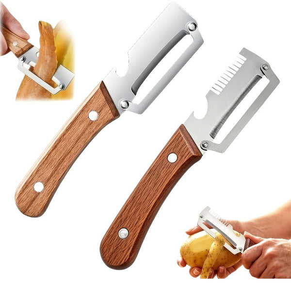 2pcs Heavy-duty Stainless Steel Peeler and Slicer Set, Featuring a Bottle Opener and Straight Blade Design. Suitable for Sugar Cane, Fruits, and Vegetables. A Versatile and Durable Peeling Tool and Vegetable Slicer, Ideal for Parties and Picnics