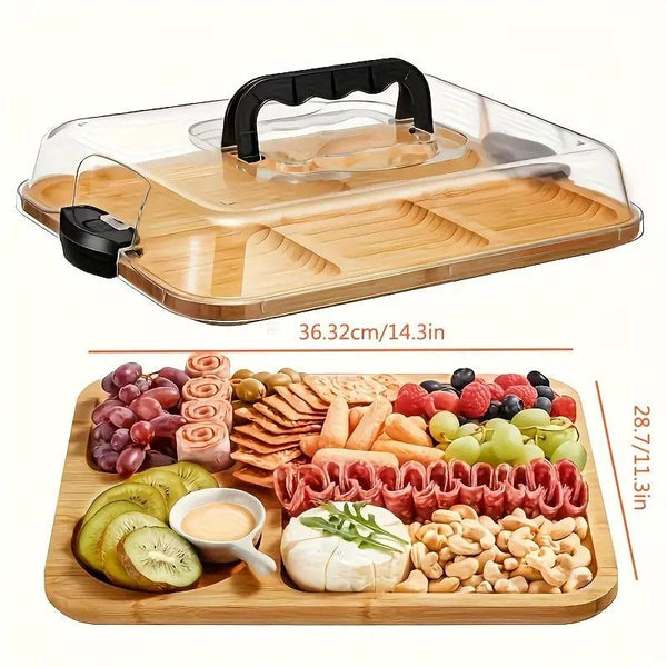 1-Piece Bamboo Cheese Tray with Transparent Acrylic Lid - Portable Charcuterie Board for Camping, Parties, Restaurants. Ideal for serving holiday appetizers, deli meats, and snacks. Reversible as a cutting board, with a secure snap-on lid to keep food fre