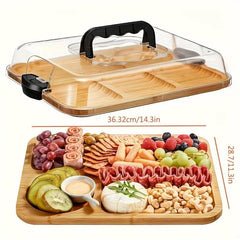 1-Piece Bamboo Cheese Tray with Transparent Acrylic Lid - Portable Charcuterie Board for Camping, Parties, Restaurants. Ideal for serving holiday appetizers, deli meats, and snacks. Reversible as a cutting board, with a secure snap-on lid to keep food fre