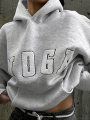 2024 New YOGA Letter Embroidery Gray Casual Loose Sports Sweatshirt, Women's Top, Sports Hoodie