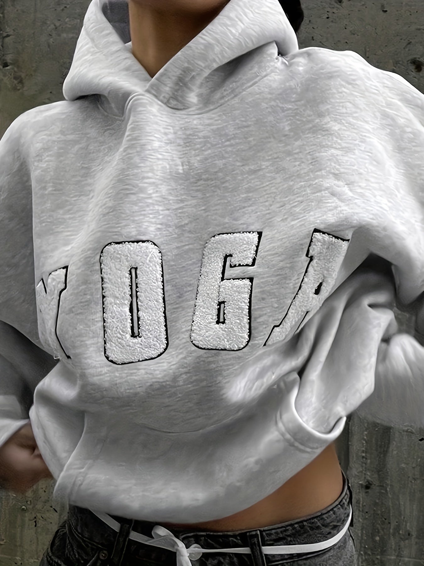 2024 New YOGA Letter Embroidery Gray Casual Loose Sports Sweatshirt, Women's Top, Sports Hoodie