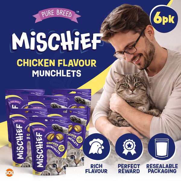 Pure Breed Mischief Cat Treats 6 Pack | Chicken Flavour Pillow Snacks for Cats | Crunchy Outside & Soft Creamy Centre | High Protein Low Calorie Cat Bites (Only 2 kcal Each) | Natural Resealable Cat Treat Pouches