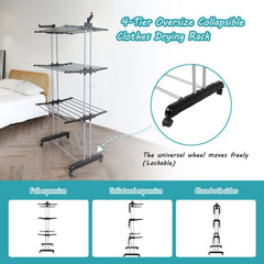 Foldable Extra Large Clothes Drying Rack 4 Tier For Indoor Outdoor Laundry Room Laundry Garment Dryer Stand Adjustable Rolling Laundry