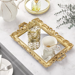 Luxury and Retro Style Bathroom Mirror Tray, Decorative Tray for Bathroom, Plastic Tray for Bathroom Countertop, Cosmetic and Jewelry Storage Tray, Golden Square Tray