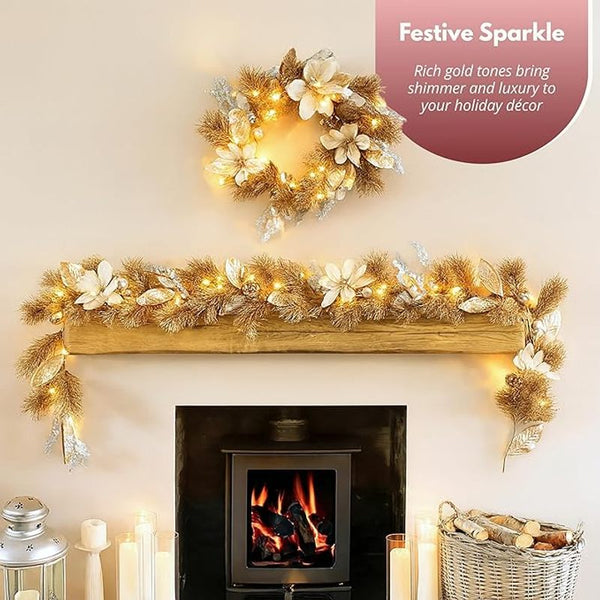 Marco Paul 9ft Luxury Gold Glitter Pre Lit Christmas Garland with Cool & Warm White LED Lights - Battery Powered Winter Garland with 8 Light Modes - Indoor Christmas Decorations for Fireplace & Stairs
