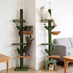 Cactus Cat Tree Floor to Ceiling Cat Tower with Adjustable Height 229Cm-275Cm, 4 Tiers Cat Climbing Activity Center with Cozy Hammock, Platforms And Dangling Balls, Green