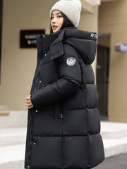 Sophisticated Winter Coat for Women Featuring a Hood And a Full Zipper, Perfect for Chilly Days. This Long-Sleeve Jacket Offers a Tailored Fit And Is Suitable for Both Outdoor And Everyday Travel. Dry Clean Only, Made with High-Quality Materials