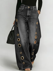 New Retro Style Denim Jeans for Women, with Metal Eyelets Designed for Casual And Loose Fit, High Waisted And Wide Leg Jeans, Street Cool Women'S Clothing, Black Retro Blue Light Blue Women'S Straight Leg Denim Pants