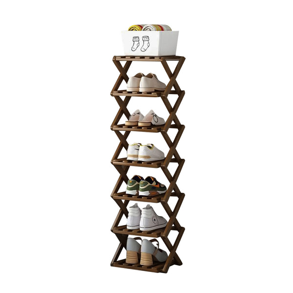 4/5/6/7 Tiers Bamboo Wooden Shoe Rack, Vertical Shoe Racks Storage Shelves Tall Shoe Tower, Collapsible Narrow Shoe Stand, Installation Free Folding X-Shape Shoe Racks Sneakers Slippers Holder Organizer, Multi Functional Shoe Rack Durable Footwear Cabinet