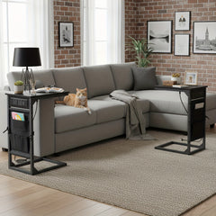 AMHANCIBLE 1pc/2pcs C-Shape Side Table Featuring a Charging Station, Bedside Table with a Storage Pouch, And a Coffee Table with a Metal Frame Suitable for Living Rooms, Bedrooms, And Offices