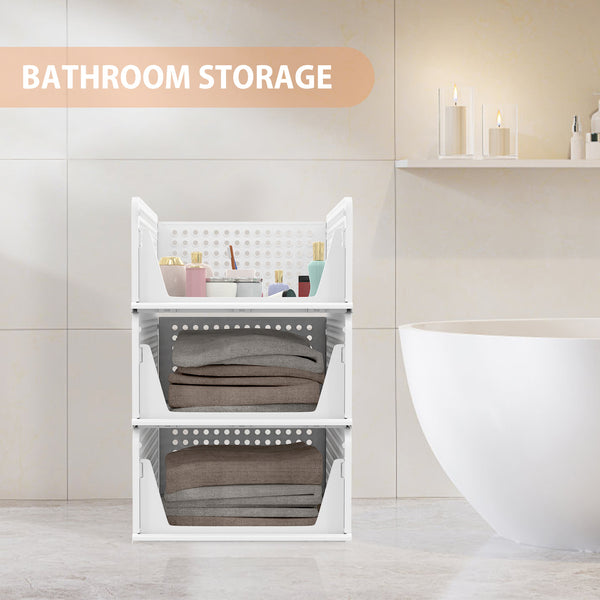 Set of 4 Stackable Foldable Wardrobe Storage Box Organizer, Plastic White Wardrobe Shelves Closet Organiser Box, Pull Out Like a Drawer, Suitable for Home, Bedroom, Kitchen (Easy Open and Folding)