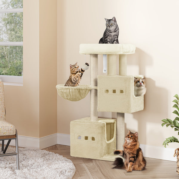 98 Cm Scratching Post, Cat Tree, Small Scratching Post, Multi-Storey Scratching Post with Perch, Cat House Furniture with 2 Caves, Sisal Cat Scratching Post, Hammock, Cave