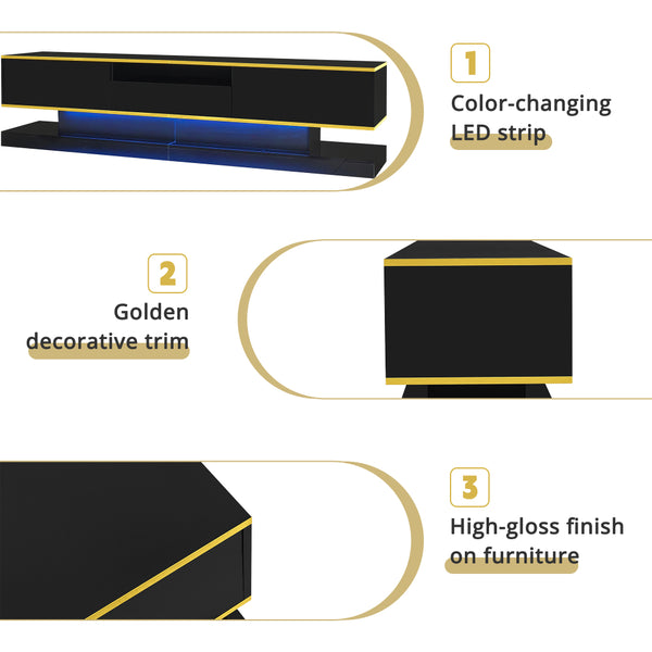 180cm LED TV Stand with 3 Drawers & Open Shelf, High Gloss Modern TV Cabinet with RGB Lights & Gold Trim, PB Board Entertainment Center for Living Room, Gaming & Home Theater - Holds up to 65 Inch TV, Smooth Glide Drawers, Scratch-Resistant, Easy Assembly