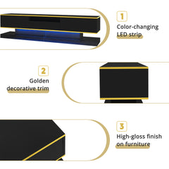 180cm LED TV Stand with 3 Drawers & Open Shelf, High Gloss Modern TV Cabinet with RGB Lights & Gold Trim, PB Board Entertainment Center for Living Room, Gaming & Home Theater - Holds up to 65 Inch TV, Smooth Glide Drawers, Scratch-Resistant, Easy Assembly