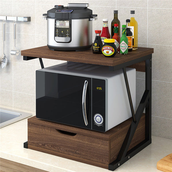Microwave Oven Shelf Stand with Drawer, 2-Tier Kitchen Countertop Storage Rack Spices Rack Freestanding, Home Office Printer Stand Multifunctional Unit Shelving Wood Top Metal Frame