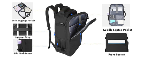 Large 45x36x20 Black Laptop Backpack for Women, Cabin Bag for EasyJet Underseat Use, Carry On Rucksack with Shoe Pouch, Organiser Pockets for Office, School, Travel and Daily Commute