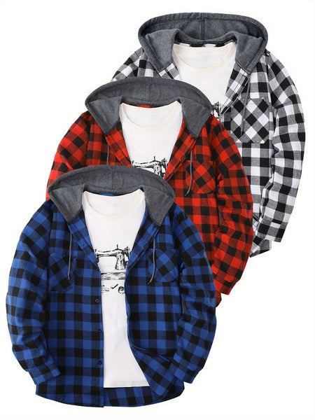 3pcs Men's New York Fashion Trendy Plaid Shirt Hooded Plaid Sweatshirt Flannel Hoodie