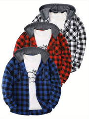 3pcs Men's New York Fashion Trendy Plaid Shirt Hooded Plaid Sweatshirt Flannel Hoodie