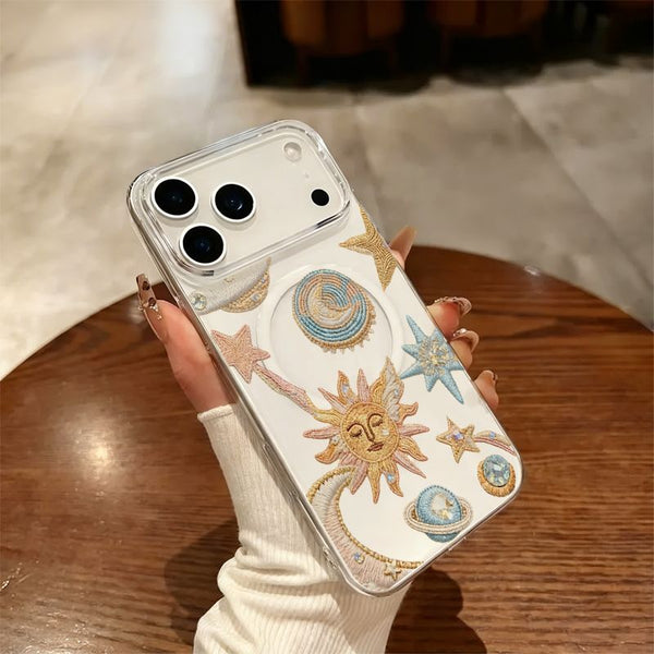 Phone Case: Sun Moon Star Embroidery Print Transparent Magnetic Acrylic Phone Case Easy Charging Compatible with iPhone 11 12 13 14 15 16 17 Pro Max Plus Air