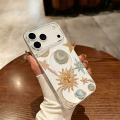 Phone Case: Sun Moon Star Embroidery Print Transparent Magnetic Acrylic Phone Case Easy Charging Compatible with iPhone 11 12 13 14 15 16 17 Pro Max Plus Air