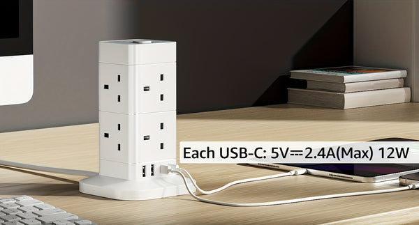 2M Tower Extension Lead With USB Slots, Hotimy 8 Way 4 USB (2 USB-A&2 USB C) Multi Plug Extension Tower, Surge Protected Extension Lead With Switch, 2 Meters Extension Cable For Home Office 13A 3250W