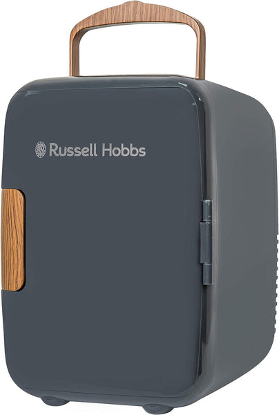 Russell Hobbs RH4CLR1001SCG 4L/6 Can Mini Portable Cooler & Warmer for Drinks, Cosmetics/Makeup/Skincare, AC/DC Power, Scandi Style, Grey & Wood Effect, for Bedroom, Home, Caravan, Car