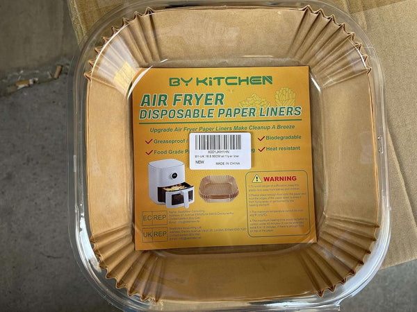 BYKITCHEN Air Fryer Parchment Paper Liner, 50PCS Square Air Fryer Liners Disposable, Greaseproof Paper, Compatible with COSORI, Ninja, Tefal, Russell Hobbs Fryers (Unbleached)