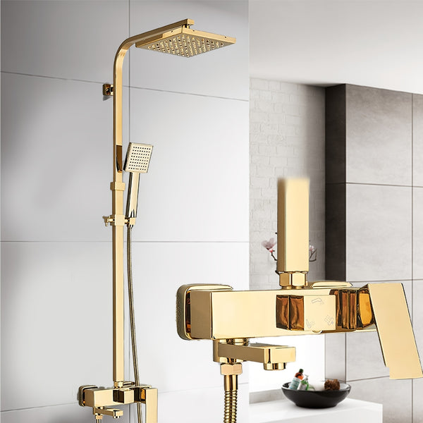 Modern Square Golden Shower Faucet System with Rainfall Shower Head & Bathtub Spout - Exposed Wall-Mounted Stainless Suitable for Bath/Shower, Polished, Splitter Valve, for or Commercial Use