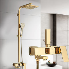 Modern Square Golden Shower Faucet System with Rainfall Shower Head & Bathtub Spout - Exposed Wall-Mounted Stainless Suitable for Bath/Shower, Polished, Splitter Valve, for or Commercial Use
