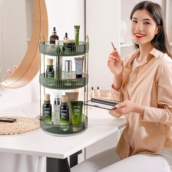Countertop Organizer Green 3-Tier 23x23x47cm, Spinning High-Capacity Skincare Storage Tray, Bathroom Cosmetics Perfumes Storage Rack, Suitable for Vanity Desk Bathroom Bedroom