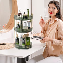 Bathroom Vanity Organizer Green 23x23x47cm, 3-Tier Spinning Cosmetics Organizer Tray, High-Capacity Skincare Perfumes Storage Rack, Suitable for Bedroom Bathroom Countertop